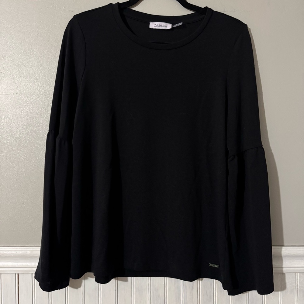 Calvin Klein | Women’s Black Bell Sleeve Round Neck Stretch Blouse Top Size L